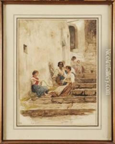 Paysannes Italiennes Tressant Des Cordages Oil Painting - Ernest Antoine Hebert