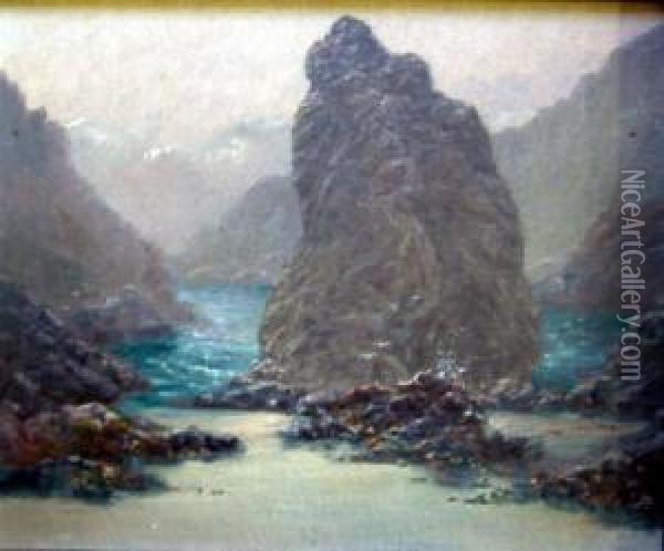 Rocky Shoreline Signed 10 X 12in Oil Painting - Garstin Cox