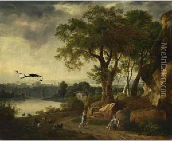 A Pastoral Landscape With A Shepherdess Guarding Her Sheep Oil Painting - Johann Melchior Roos
