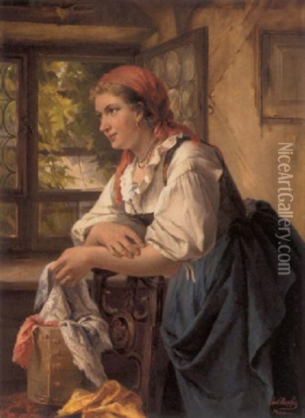 Peasant Girl With Scarves Oil Painting - Carl Herpfer