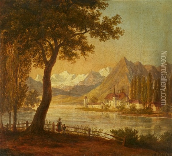 A View Of Lake Thun Oil Painting - Anton Radl