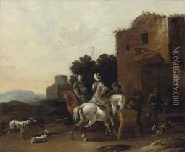 A Classical Landscape With A Hunting Party At Rest Oil Painting - Dirck Willemsz. Stoop