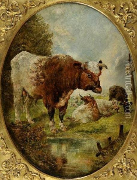 A Bull With Cattle Oil Painting - William Huggins