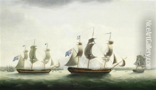 H.m.s. Melampus With The Frigates Diamond, Hebe, Niger And Siren Off Jersey, 9th May 1795 Oil Painting - Francis Holman