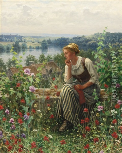 Normandy Girl Sitting In A Garden Oil Painting - Daniel Ridgway Knight