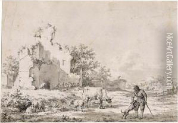 Landscape With A Peasant, His Dog And His Flocks By Ruins Oil Painting - Jacob Cats