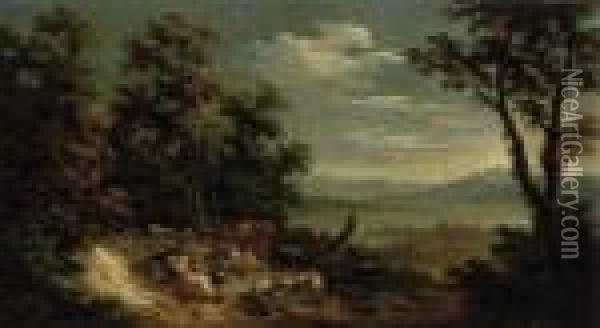 A Wooded Landscape With Resting Shepherds And Cattle, Sheep And Adog Oil Painting - Jan Griffier I