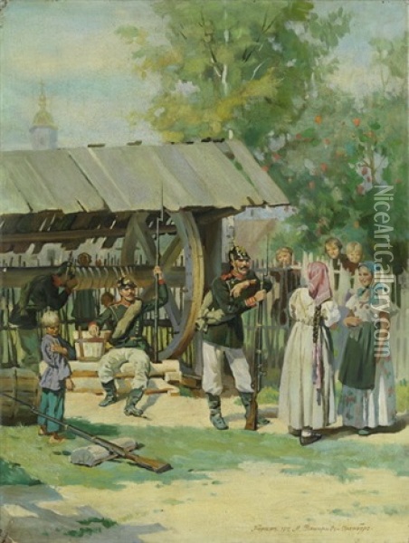 Russische Soldaten Im Dorf Oil Painting - Nikolai Dmitrievich Dmitriev-Orenburgsky
