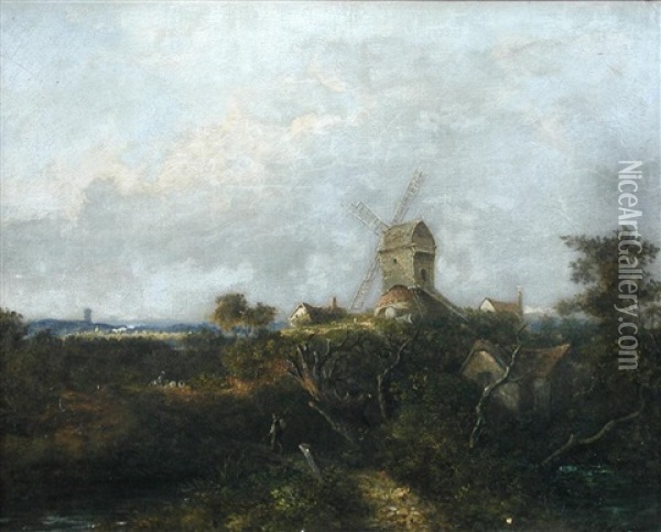 A Windmill On A Hill, With A Walker On A Track Oil Painting - William Henry Crome