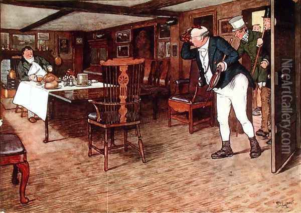 Mr Pickwick finds Mr Tupman having lunch at the Leather Bottle, Cobham (illustration to 'Pickwick Papers') Oil Painting - Cecil Charles Aldin