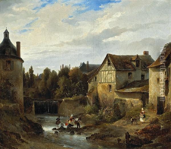 A View Of A Village With Women Washing Clothesin A Stream Oil Painting - Robert Leopold Leprince