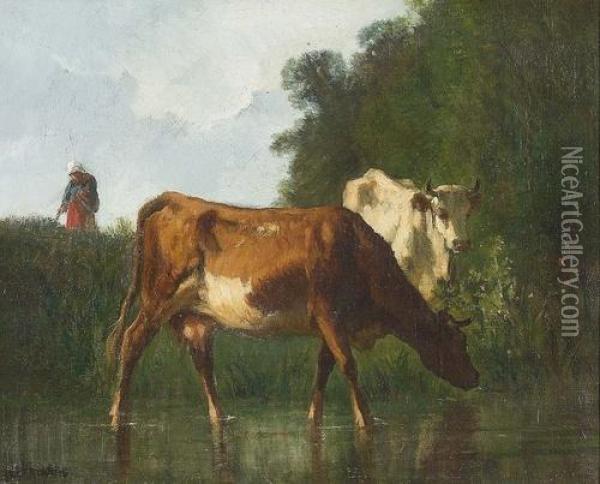 Bauerin Mit Kuhen Auf Einer Wiese. Oil Painting - Constant Troyon