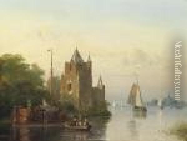 Shipping By A Riverside Castle Oil Painting - Johannes Josephus Destree