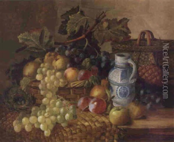 Fruit, Bird's Nest, Stoneware Jug, And Wicker Basket On A Wooden Ledge Oil Painting - Marie Margitson
