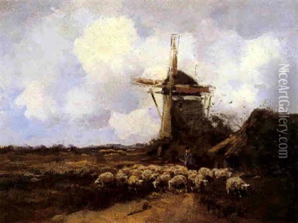 Landscape With Windmill, Sheep And Shepherd Oil Painting - Willem George Frederik Jansen