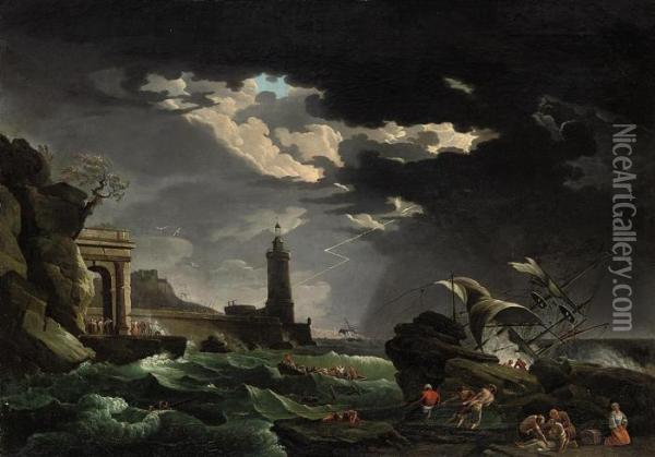 Shipwrecked Figures Off A Lighthouse In A Storm Oil Painting - Claude-joseph Vernet