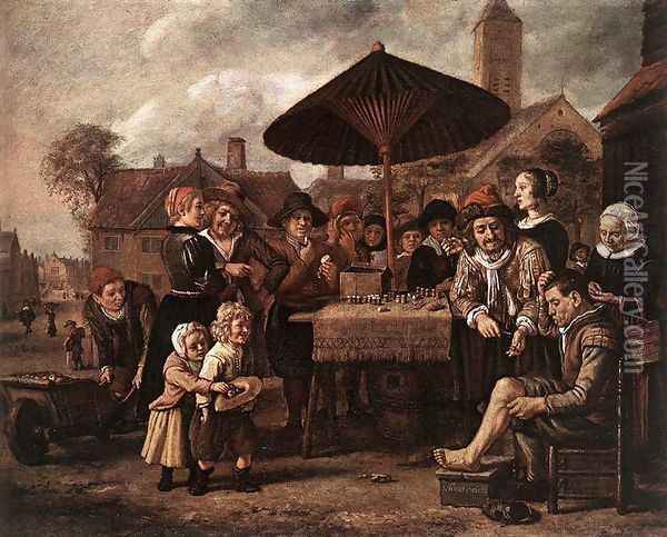 Market Scene with a Quack at his Stall c. 1650 Oil Painting - Jan Victors
