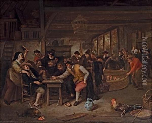 A Tavern With Cock Fighting Oil Painting - Jan Steen