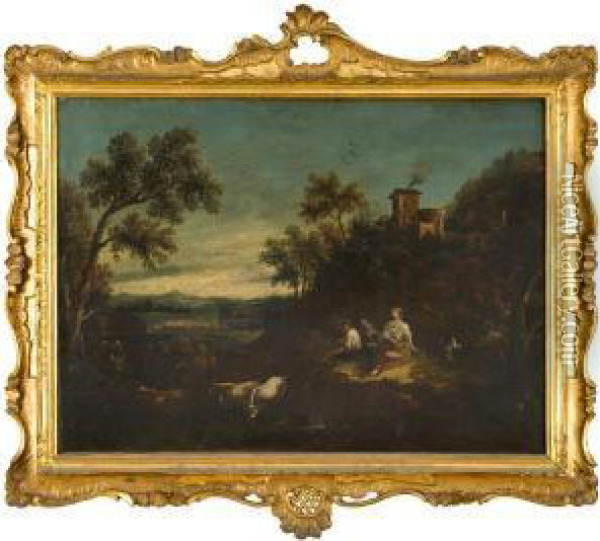 Paesaggio Fluviale Con Ponticello, Pastori E Armenti Oil Painting - Giuseppe Zais
