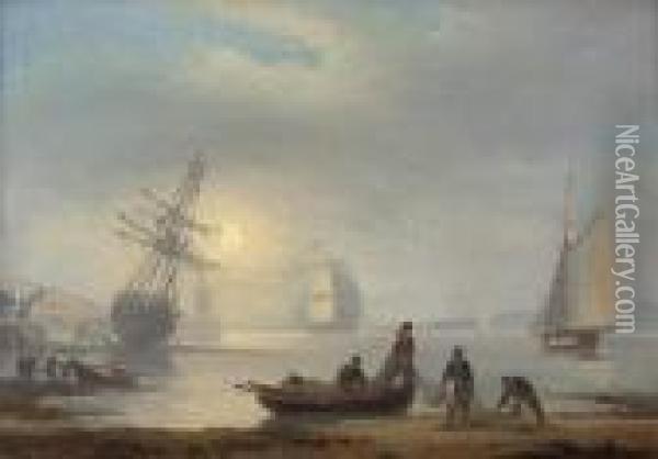 Fishermen Sorting Their Nets On The Foreshore At Teignmouth, At Dusk Oil Painting - Thomas Luny