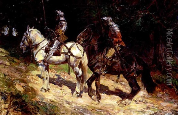 Zwei Reiter In Rustung Auf Ansteigendem Terrain Oil Painting - Anton Hoffmann