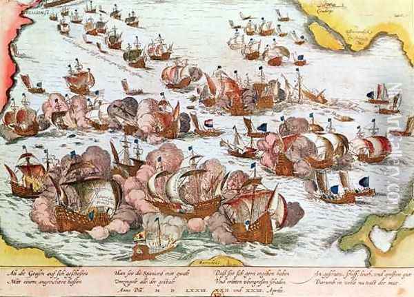 Naval Combat between the Beggars of the Sea and the Spanish in 1573 Oil Painting - Franz Hogenberg