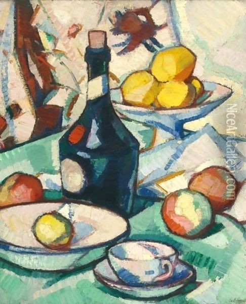 Still Life With A Benedictine Bottle And Fruit Oil Painting - Samuel John Peploe