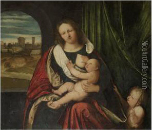 The Madonna And Child With The Infant Saint John The Baptist, A Town Seen Through An Arch To The Left Oil Painting - Altobello Meloni