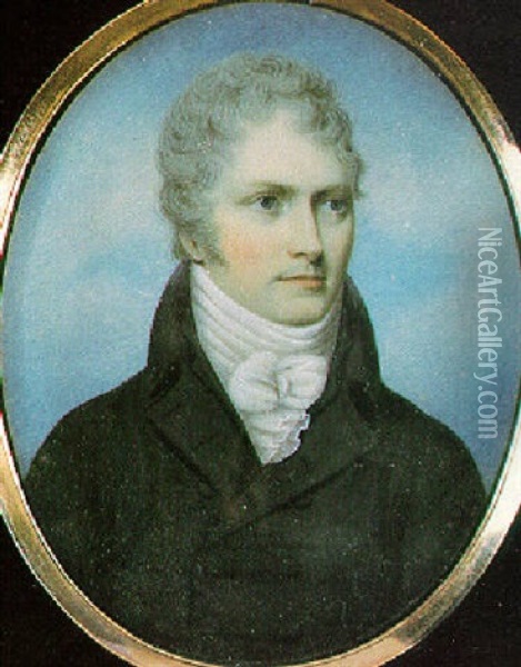 A Fine Portrait Of A Gentleman, Wearing A Black Coat And Waistcoat, And Tied White Stock Oil Painting - Samuel Shelley