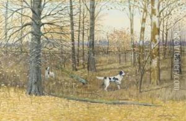 English Setters In A Wood Oil Painting - Dwight W. Huntington
