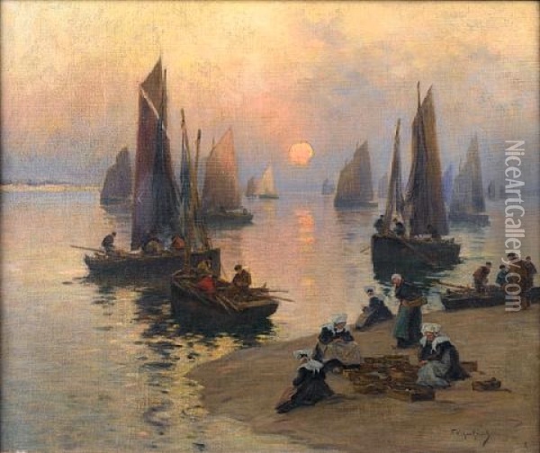 Unloading The Catch Oil Painting - Fernand Marie Eugene Legout-Gerard