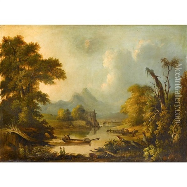 Extensive Landscape With Boaters Oil Painting - Julius Herman Kummer