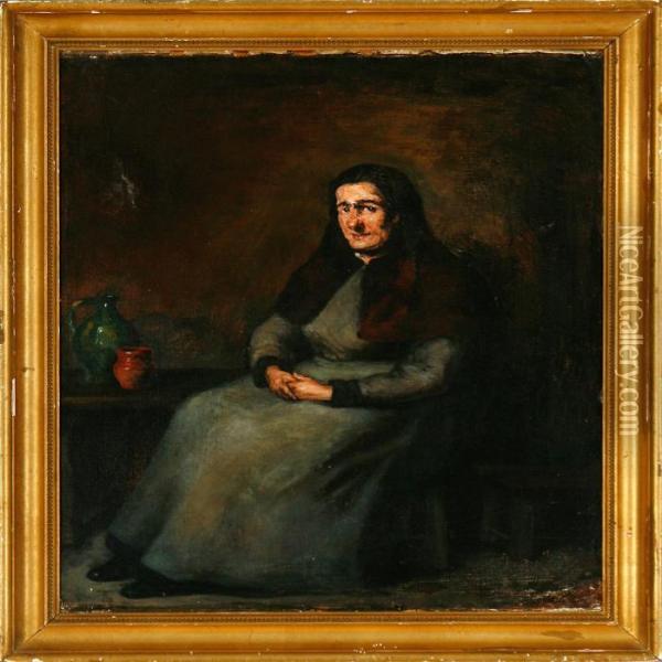 An Sitting Elderly Wife With A Black Head Scarf Oil Painting - Theodule Augustine Ribot
