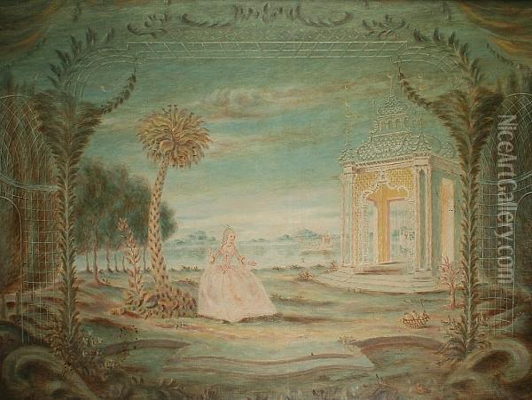 Exotic Garden Landscape, With 
Lady In Elegant 18th Century Style Costume Stood Before A Gazebo And 
Palm Tree, With Lake And Hills Visible Beyond Oil Painting - Rex John Whistler