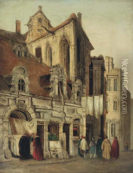 Figures Conversing Before A Gothic Church Oil Painting - Richard Parkes Bonington