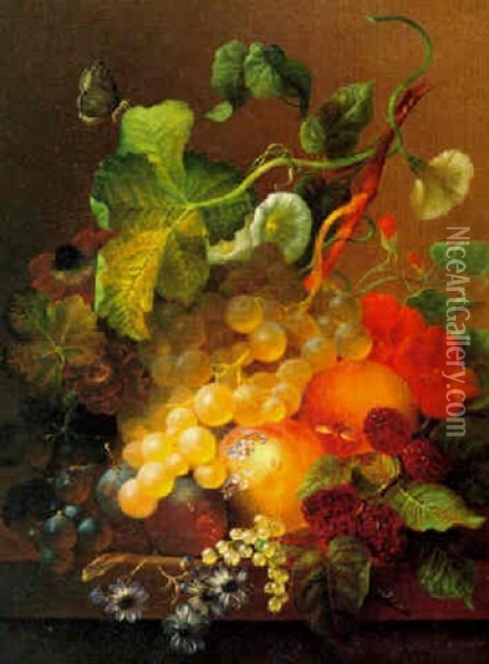 Still Life With Fruit, Flowers And Butterflies Oil Painting - Jan Van Der Waarden
