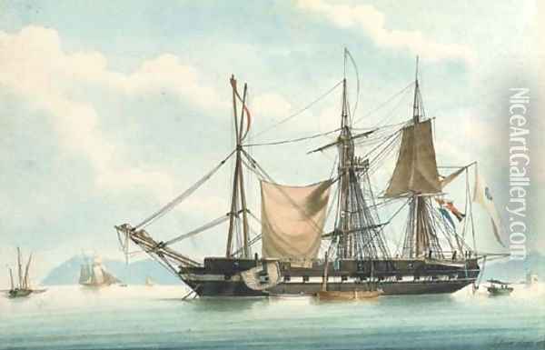 A frigate at anchor in a bay, undergoing an extensive refit Oil Painting - Francois-Joseph-Frederic Roux