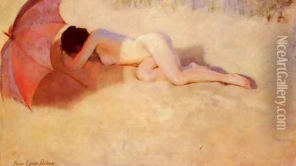 Nu Sous Un Parasol (Nude under a Parasol) Oil Painting - Pierre Carrier-Belleuse