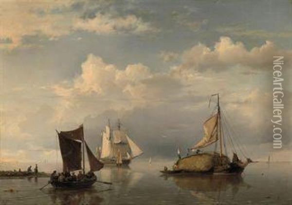 A Haybarge On A Calm Oil Painting - Hermanus Koekkoek