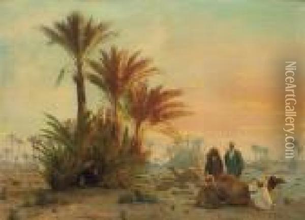 The Oasis At Dusk Oil Painting - Otto Pilny