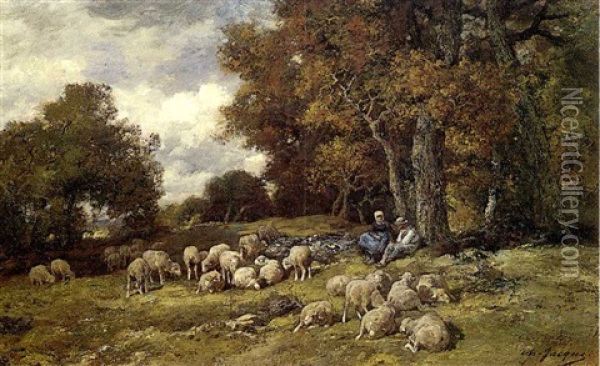 Shepherds With Their Flock In A Wooded Landscape Oil Painting - Charles Emile Jacque