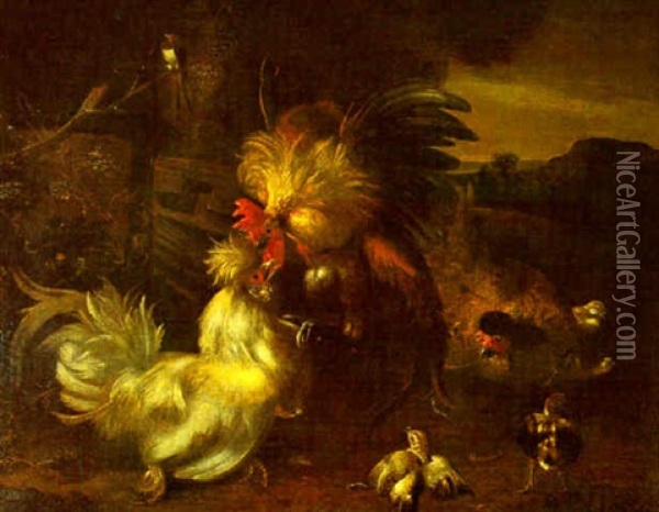 Coq, Poules Et Poussins Oil Painting - Melchior de Hondecoeter