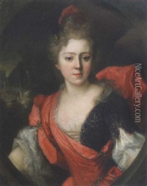 Jeune Femme De Qualite Sur Fond De Chateau Oil Painting - Nicolas de Largilliere