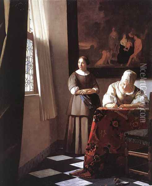 Lady Writing a Letter with Her Maid c. 1670 Oil Painting - Jan Vermeer Van Delft
