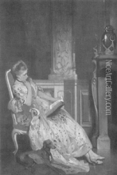 Eine Junge Frau Sitzt Mit Einem Aufgeschlagenen Buch Vor Einem Kamin Oil Painting - Albrecht Grueber