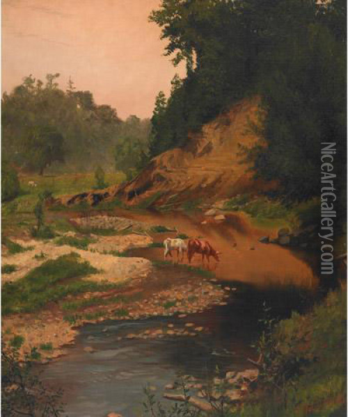 Cattle Watering At A Stream Oil Painting - Thomas Mower Martin