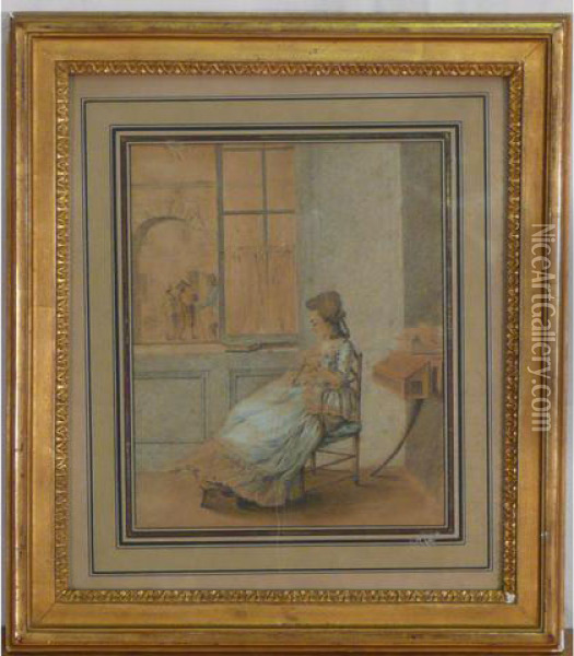 La Tricoteuse. Oil Painting - Antoine Louis Fr. Sergent-Marceau