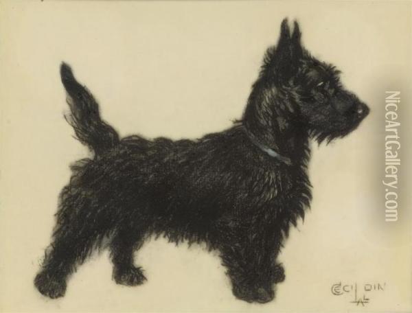 A Scottie Standing To Attention Oil Painting - Cecil Charles Aldin