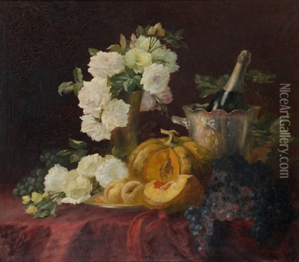 Still Life With White Roses, Pumpkin, Grapes And Champagne Bottle In An Ice Bucket Oil Painting - Edward van Ryswyck