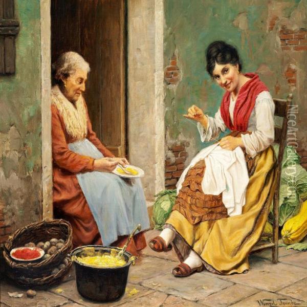 Two Italian Women Sitting In Front Of An Old House. Oil Painting - Wenzel Ulrik Tornoe
